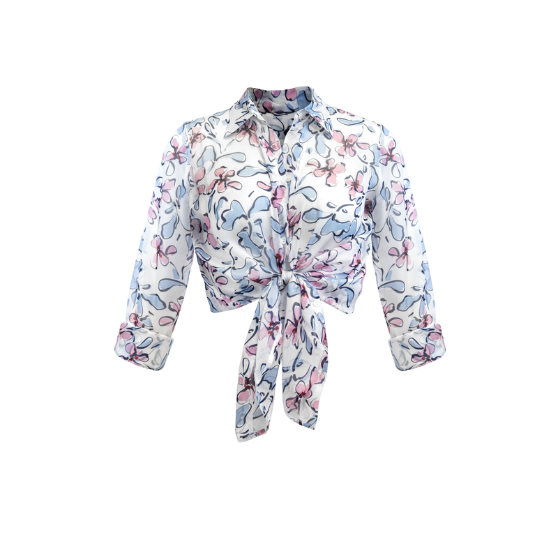 Bevie Button Down Shirt- Blue Pink Floral