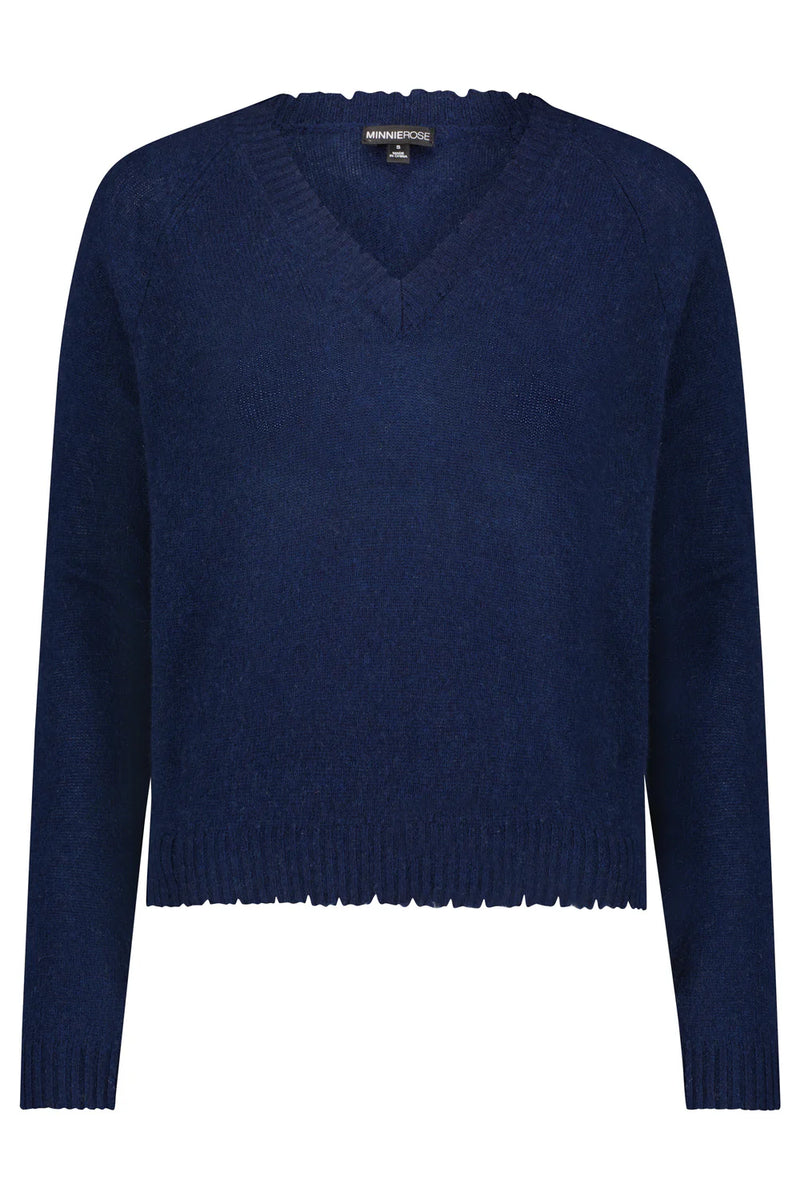 Cashmere Frayed Edge Vee - Navy